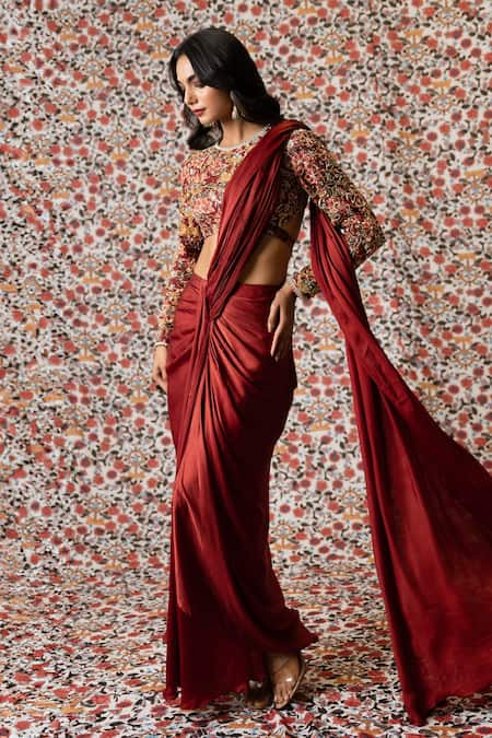 Payal & Zinal Solid Pre-Draped Saree With Embroidered Blouse 