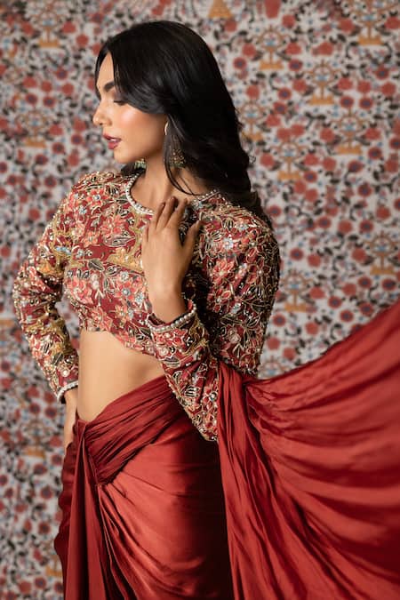 Payal & Zinal_Maroon Muslin, Satin Crystals, Solid Pre-draped Saree With Embroidered Blouse _Online_at_Aza_Fashions