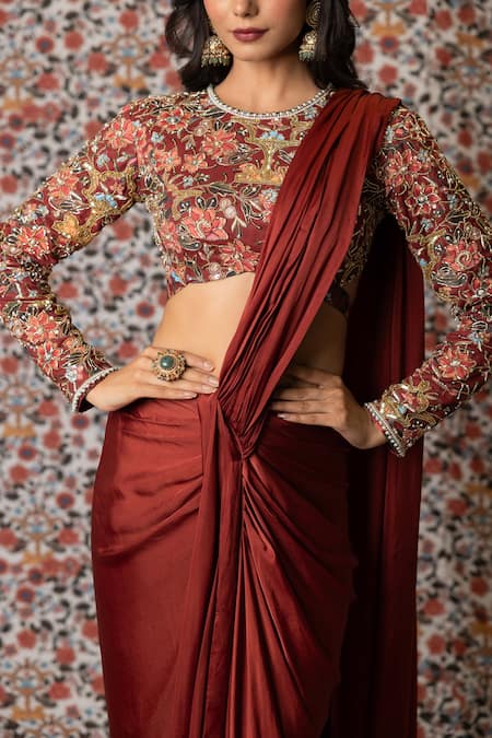 Buy_Payal & Zinal_Maroon Muslin, Satin Crystals, Solid Pre-draped Saree With Embroidered Blouse _Online_at_Aza_Fashions