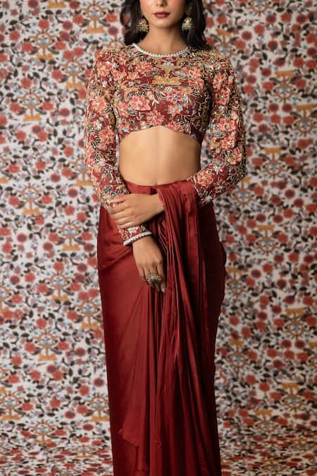 Payal & Zinal_Maroon Muslin, Satin Crystals, Solid Pre-draped Saree With Embroidered Blouse _at_Aza_Fashions