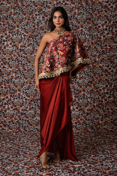 Payal & Zinal Maroon Freezy Twill Print Bloom Beads One And Embroidered Top With Draped Skirt 