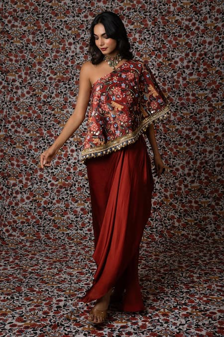 Payal & Zinal Bloom Print & Embroidered One Shoulder Top With Draped Skirt 