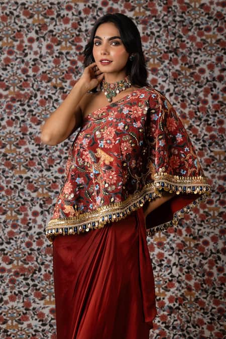 Payal & Zinal_Maroon Silk, Muslin Sequins, Bloom Print And Embroidered Top With Draped Skirt _Online_at_Aza_Fashions