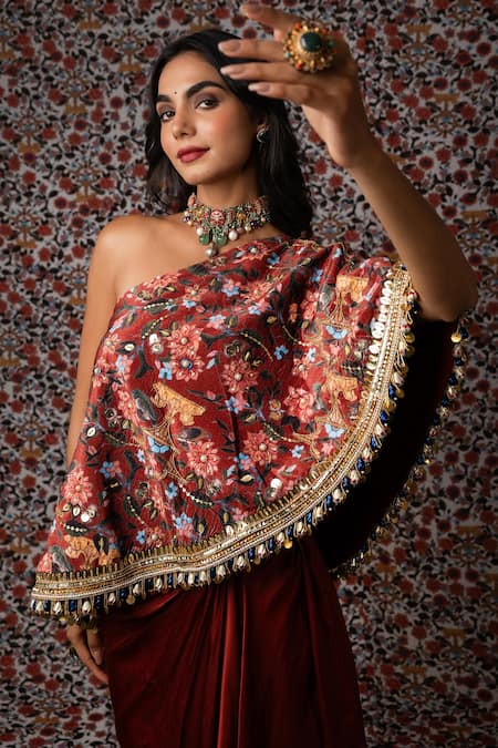 Buy_Payal & Zinal_Maroon Silk, Muslin Sequins, Bloom Print And Embroidered Top With Draped Skirt _Online_at_Aza_Fashions