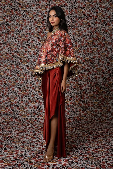 Shop_Payal & Zinal_Maroon Silk, Muslin Sequins, Bloom Print And Embroidered Top With Draped Skirt _Online_at_Aza_Fashions