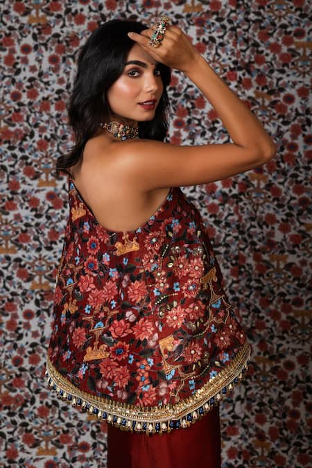 Payal & Zinal_Maroon Silk, Muslin Sequins, Bloom Print And Embroidered Top With Draped Skirt _at_Aza_Fashions