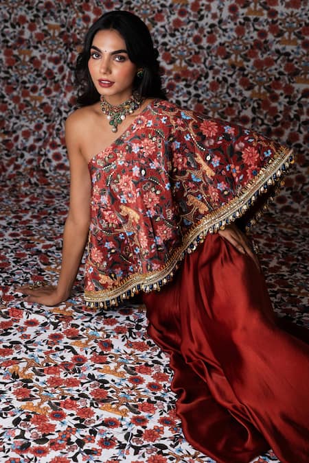 Buy_Payal & Zinal_Maroon Silk, Muslin Sequins, Bloom Print And Embroidered Top With Draped Skirt 