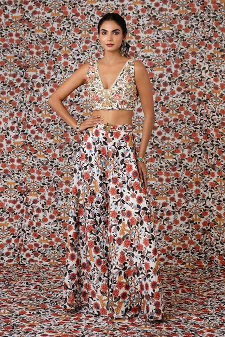 Payal & Zinal Bahar Print & Embroidered Crop Top With Flared Pant 