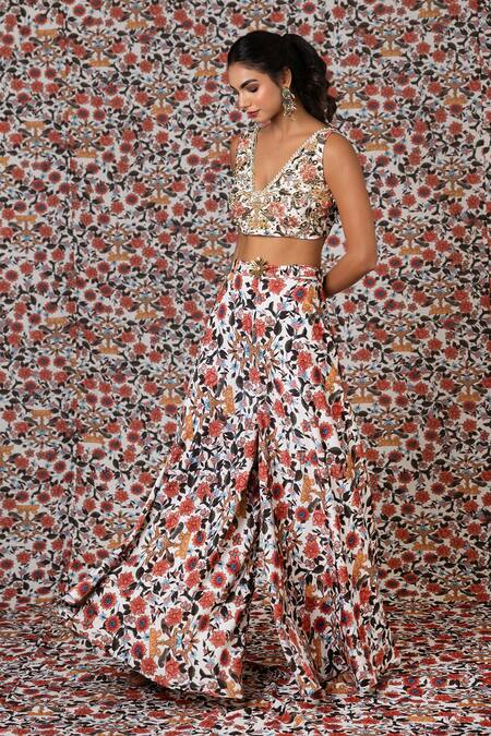 Payal & Zinal_White Velvet Sequins, Bahar Print And Embroidered Crop Top With Flared Pant _Online_at_Aza_Fashions
