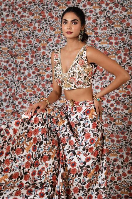 Buy_Payal & Zinal_White Velvet Sequins, Bahar Print And Embroidered Crop Top With Flared Pant _Online_at_Aza_Fashions