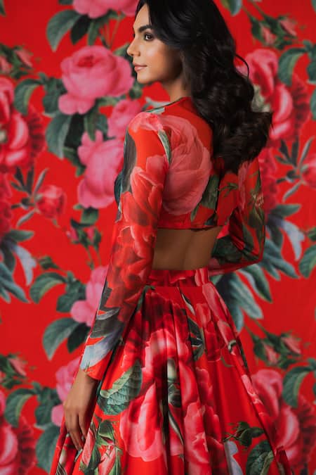 Payal & Zinal_Red Net, Georgette Metallic Thread, Buckles Blossom Print Lehenga With Blouse _Online_at_Aza_Fashions