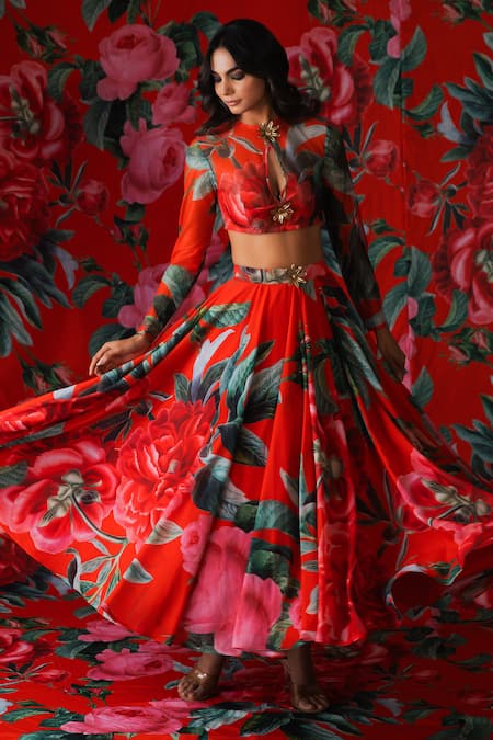 Buy_Payal & Zinal_Red Net, Georgette Metallic Thread, Buckles Blossom Print Lehenga With Blouse _Online_at_Aza_Fashions