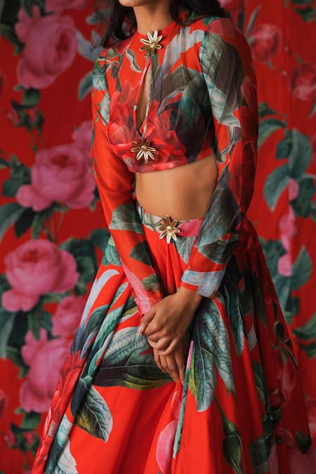 Shop_Payal & Zinal_Red Net, Georgette Metallic Thread, Buckles Blossom Print Lehenga With Blouse _Online_at_Aza_Fashions