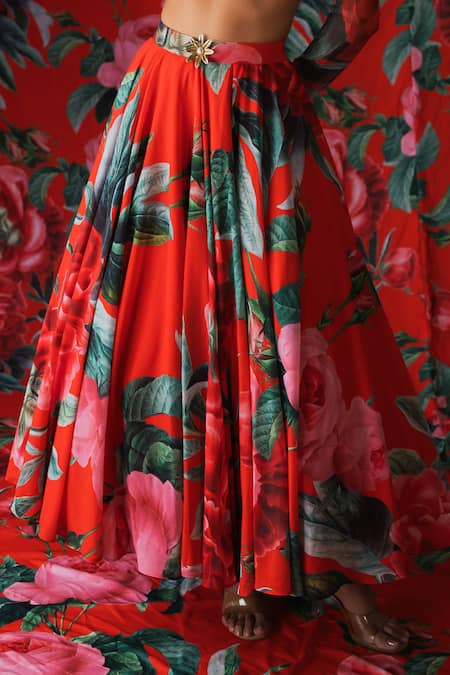 Payal & Zinal_Red Net, Georgette Metallic Thread, Buckles Blossom Print Lehenga With Blouse _at_Aza_Fashions