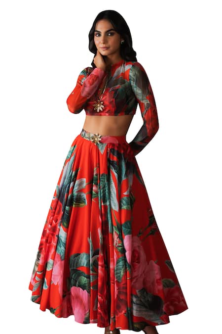 Buy_Payal & Zinal_Red Net, Georgette Metallic Thread, Buckles Blossom Print Lehenga With Blouse 
