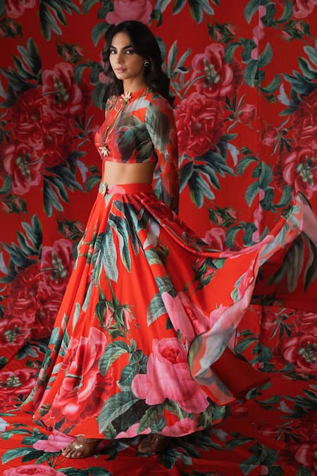 Shop_Payal & Zinal_Red Net, Georgette Metallic Thread, Buckles Blossom Print Lehenga With Blouse 