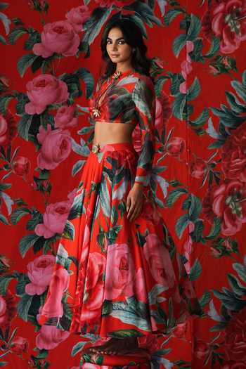 Shop_Payal & Zinal_Red Net, Georgette Metallic Thread, Buckles Blossom Print Lehenga With Blouse 