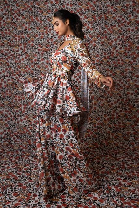 Buy_Payal & Zinal_White Georgette Sequins, Gul Print And Embroidered Peplum Kurti Sharara Set _Online_at_Aza_Fashions