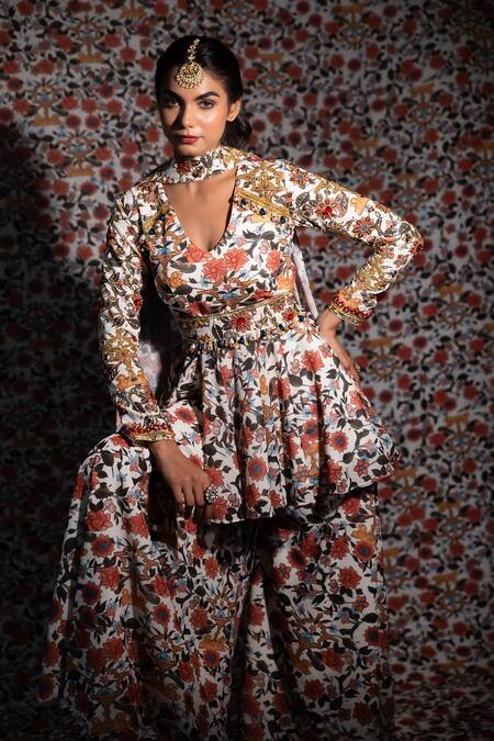 Shop_Payal & Zinal_White Georgette Sequins, Gul Print And Embroidered Peplum Kurti Sharara Set _Online_at_Aza_Fashions