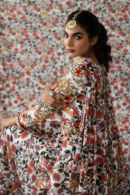 Payal & Zinal_White Georgette Sequins, Gul Print And Embroidered Peplum Kurti Sharara Set _at_Aza_Fashions