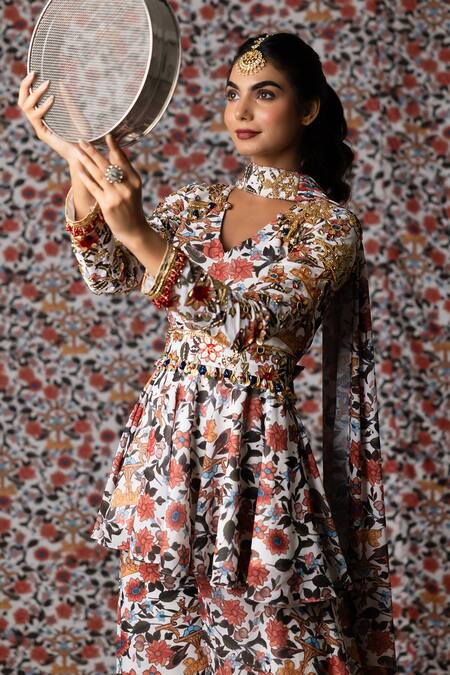 Buy_Payal & Zinal_White Georgette Sequins, Gul Print And Embroidered Peplum Kurti Sharara Set 