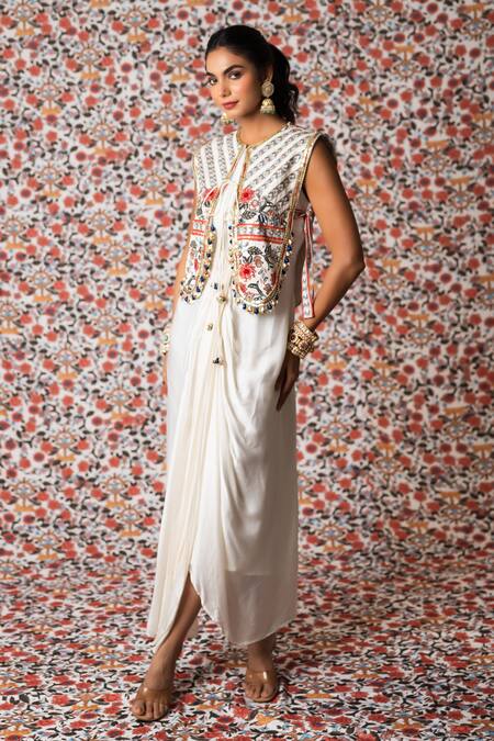Payal & Zinal_White Muslin, Satin Beads, Sequins Solid Draped Dress With Embroidered Jacket _Online_at_Aza_Fashions