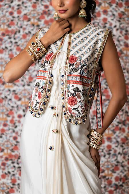 Buy_Payal & Zinal_White Muslin, Satin Beads, Sequins Solid Draped Dress With Embroidered Jacket _Online_at_Aza_Fashions