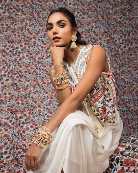 Shop_Payal & Zinal_White Muslin, Satin Beads, Sequins Solid Draped Dress With Embroidered Jacket _Online_at_Aza_Fashions