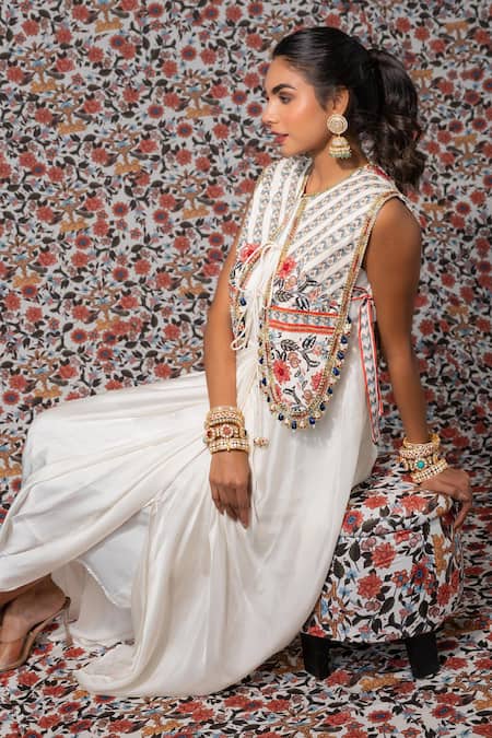 Payal & Zinal_White Muslin, Satin Beads, Sequins Solid Draped Dress With Embroidered Jacket _at_Aza_Fashions
