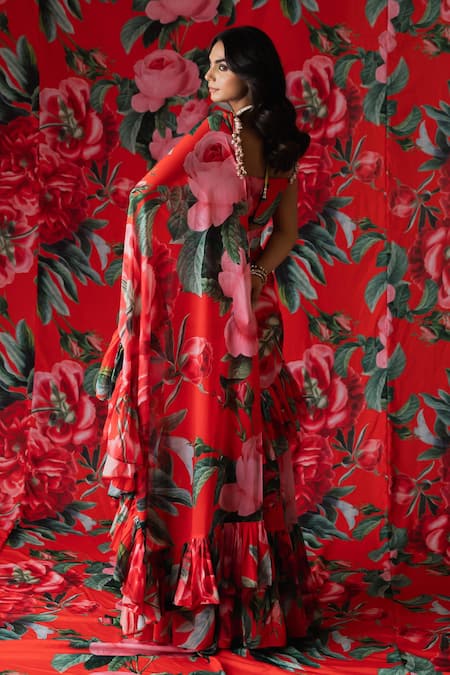 Payal & Zinal Florence Print Pre-Draped Ruffle Saree With Blouse 