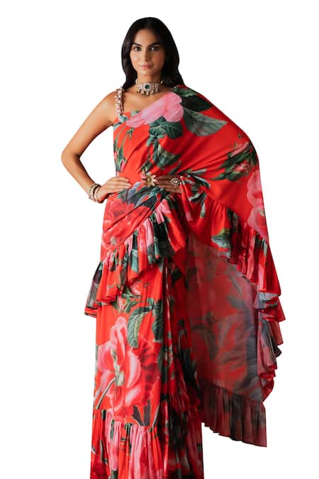 Payal & Zinal_Red Georgette Beads Square Florence Print Pre-draped Ruffle Saree With Blouse _Online_at_Aza_Fashions