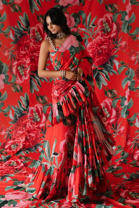 Buy_Payal & Zinal_Red Georgette Beads Square Florence Print Pre-draped Ruffle Saree With Blouse _Online_at_Aza_Fashions
