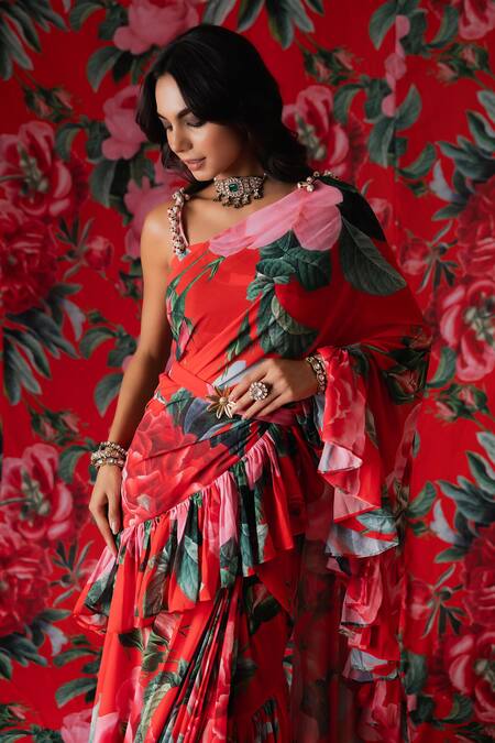 Shop_Payal & Zinal_Red Georgette Beads Square Florence Print Pre-draped Ruffle Saree With Blouse _Online_at_Aza_Fashions