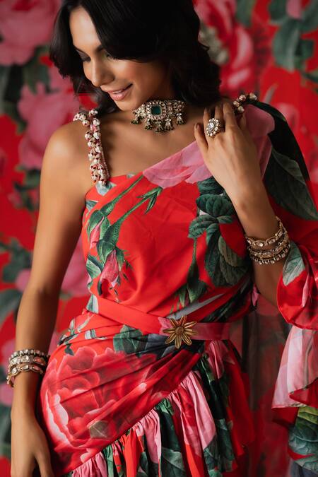 Payal & Zinal_Red Georgette Beads Square Florence Print Pre-draped Ruffle Saree With Blouse _at_Aza_Fashions
