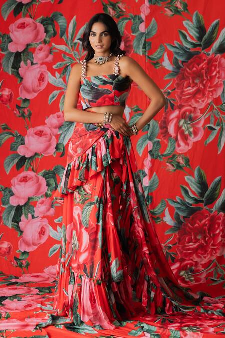 Buy_Payal & Zinal_Red Georgette Beads Square Florence Print Pre-draped Ruffle Saree With Blouse 