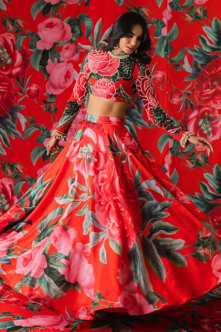 Payal & Zinal Red Net Sequins High Neck Gulaab Print Lehenga With Blouse Online at Aza Fashions Payal & Zinal_Red Net Sequins High Neck Gulaab Print Lehenga With Blouse _Online_at_Aza_Fashions