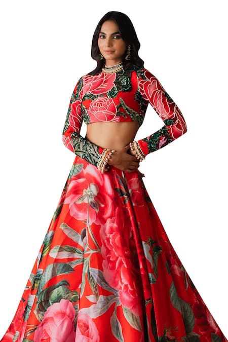 Buy Payal & Zinal Red Net Sequins High Neck Gulaab Print Lehenga With Blouse Online at Aza Fashions Buy_Payal & Zinal_Red Net Sequins High Neck Gulaab Print Lehenga With Blouse _Online_at_Aza_Fashions