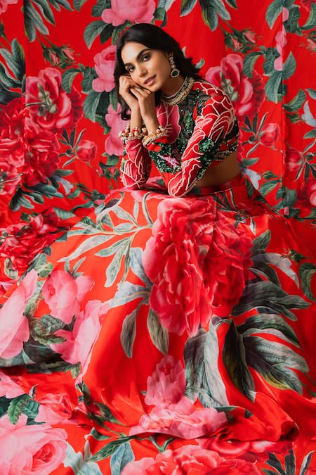 Shop Payal & Zinal Red Net Sequins High Neck Gulaab Print Lehenga With Blouse Online at Aza Fashions Shop_Payal & Zinal_Red Net Sequins High Neck Gulaab Print Lehenga With Blouse _Online_at_Aza_Fashions