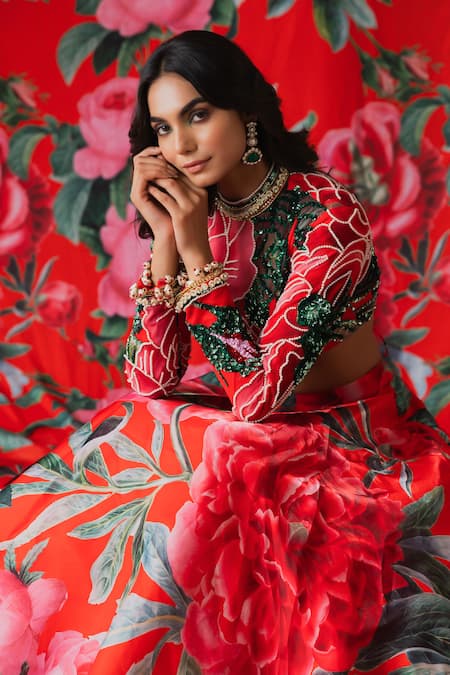 Payal & Zinal Red Net Sequins High Neck Gulaab Print Lehenga With Blouse at Aza Fashions Payal & Zinal_Red Net Sequins High Neck Gulaab Print Lehenga With Blouse _at_Aza_Fashions