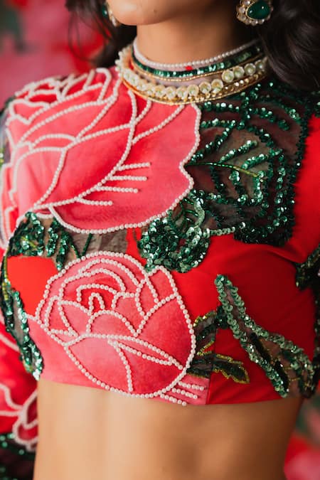 Buy Payal & Zinal Red Net Sequins High Neck Gulaab Print Lehenga With Blouse Buy_Payal & Zinal_Red Net Sequins High Neck Gulaab Print Lehenga With Blouse