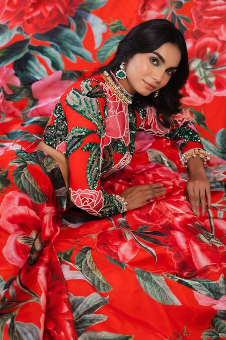 Shop Payal & Zinal Red Net Sequins High Neck Gulaab Print Lehenga With Blouse Shop_Payal & Zinal_Red Net Sequins High Neck Gulaab Print Lehenga With Blouse