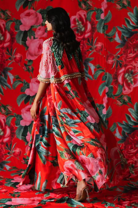 Payal & Zinal Rosa Print Cape & Draped Skirt Set 