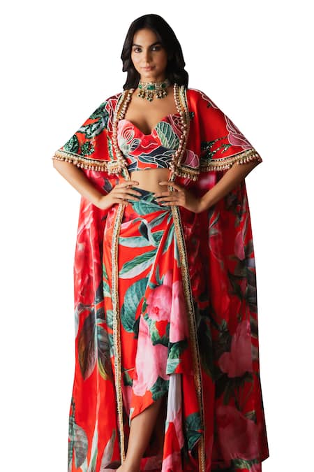 Payal & Zinal_Red Velvet, Gingham Embroidery, Sequins, Rosa Print Cape And Draped Skirt Set _Online_at_Aza_Fashions