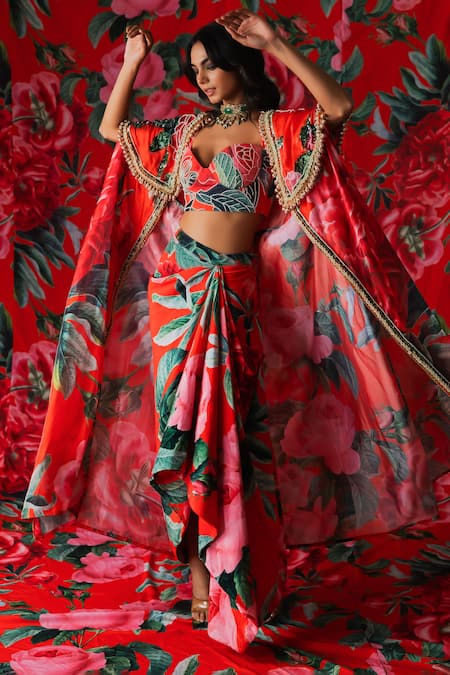 Buy_Payal & Zinal_Red Velvet, Gingham Embroidery, Sequins, Rosa Print Cape And Draped Skirt Set _Online_at_Aza_Fashions