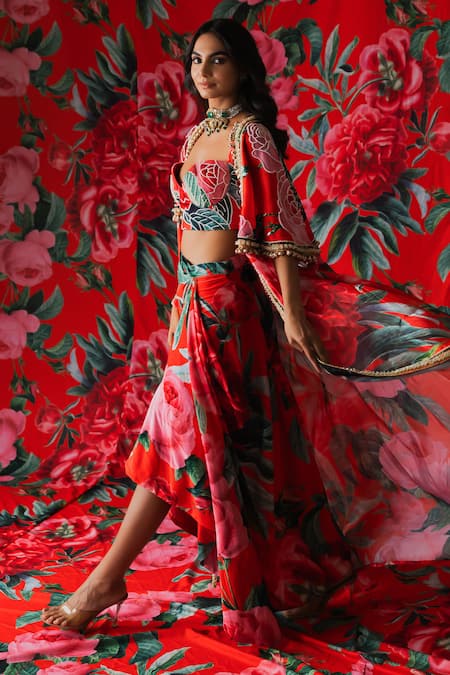 Shop_Payal & Zinal_Red Velvet, Gingham Embroidery, Sequins, Rosa Print Cape And Draped Skirt Set _Online_at_Aza_Fashions