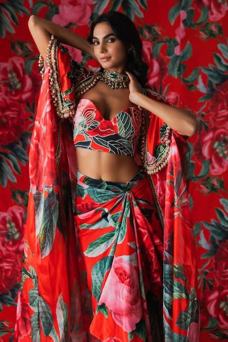 Payal & Zinal_Red Velvet, Gingham Embroidery, Sequins, Rosa Print Cape And Draped Skirt Set _at_Aza_Fashions