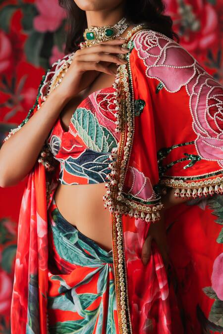 Buy_Payal & Zinal_Red Velvet, Gingham Embroidery, Sequins, Rosa Print Cape And Draped Skirt Set 