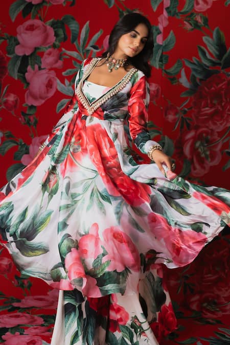 Shop_Payal & Zinal_White Georgette Pearls, Embroidery V-neck, Scoop Wild Rose Print Anarkali Set _Online_at_Aza_Fashions