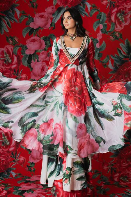 Buy_Payal & Zinal_White Georgette Pearls, Embroidery V-neck, Scoop Wild Rose Print Anarkali Set 