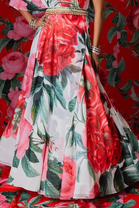 Payal & Zinal_White Georgette Embroidery One Rose Garden Print Kaftan Top With Lehenga _Online_at_Aza_Fashions